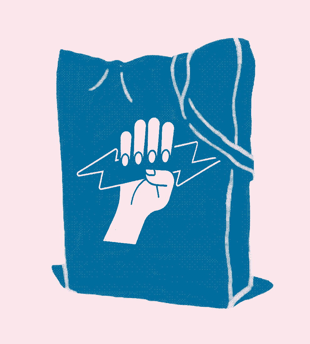 Photo of our dark grey Hand Bag with yellow hand and lighning bolt motif.