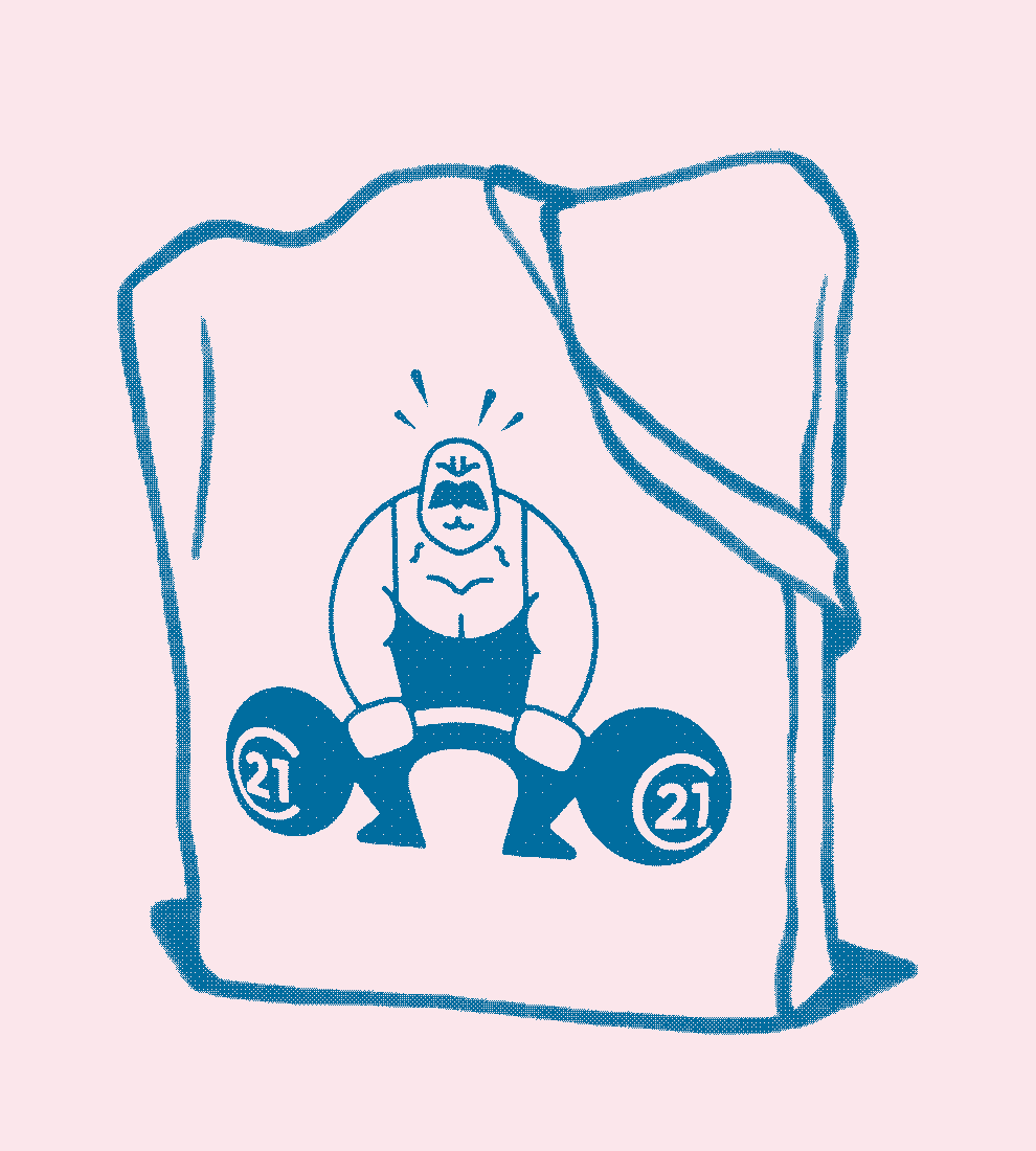 Photo of our yellow Man Bag with old fashioned blue strong man motif.